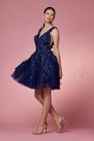 Style: R708 Short dress with 3D flower embellishments Navy Blue, Rose, Tan, Size 2-12