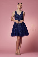 Style: R708 Short dress with 3D flower embellishments Navy Blue, Rose, Tan, Size 2-12