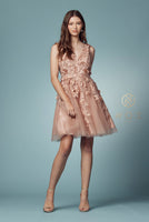 Style: R708 Short dress with 3D flower embellishments Navy Blue, Rose, Tan, Size 2-12