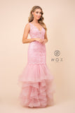 Style: A059 Nox Anabel Mermaid Tieried Skirt Fully Embroidered V Neck L:in Prom or Evening Gown Dress