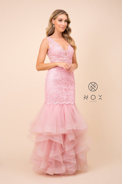 Style: A059 Nox Anabel Mermaid Tieried Skirt Fully Embroidered V Neck L:in Prom or Evening Gown Dress