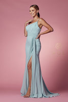 Style: E1005 Nox Anabel Bridesmaids ONE SHOULDER DRESS WITH OPEN SLIT IN THE FRONT AND ZIPPER ON THE BACK