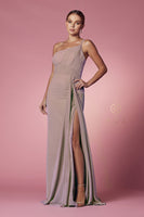 Style: E1005 Nox Anabel Bridesmaids ONE SHOULDER DRESS WITH OPEN SLIT IN THE FRONT AND ZIPPER ON THE BACK