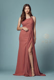 Style: E1005 Nox Anabel Bridesmaids ONE SHOULDER DRESS WITH OPEN SLIT IN THE FRONT AND ZIPPER ON THE BACK