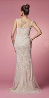 Style: E1006 Fitted Gown with Zipper Back Embroidery and Beaded Detail Dress Navy, Nude Size 2-20