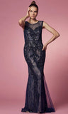 Style: E1006 Fitted Gown with Zipper Back Embroidery and Beaded Detail Dress Navy, Nude Size 2-20