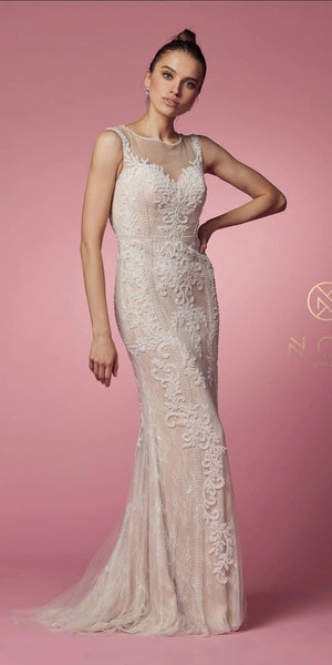 Style: E1006 Fitted Gown with Zipper Back Embroidery and Beaded Detail Dress Navy, Nude Size 2-20