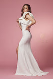 Style: E467W White Ruffled One Shoulder Trumpet Gown Fitted with High Slit Size 2-16