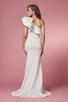 Style: E467W White Ruffled One Shoulder Trumpet Gown Fitted with High Slit Size 2-16