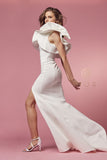 Style: E467W White Ruffled One Shoulder Trumpet Gown Fitted with High Slit Size 2-16