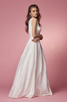 Style: E469 Satin Aline Dress with Pockets and a Touch of Shimmer Prom Wedding Gown