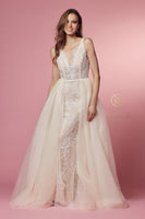 Style: E474 Nox Anabel Long Fitted A-Line Floor Length with Drape Sizes 2-16 Ivory/Nude