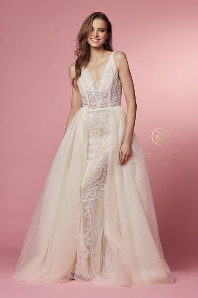 Style: E474 Nox Anabel Long Fitted A-Line Floor Length with Drape Sizes 2-16 Ivory/Nude