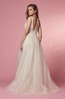 Style: E474 Nox Anabel Long Fitted A-Line Floor Length with Drape Sizes 2-16 Ivory/Nude