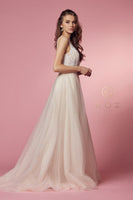 Style: E474 Nox Anabel Long Fitted A-Line Floor Length with Drape Sizes 2-16 Ivory/Nude