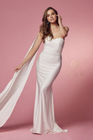 Style: E475W Nox Anabel Bridal Gown White Dress ONE SHOULDER DRAPE SLEEVE MERMAID LONG