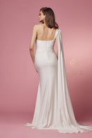 Style: E475W Nox Anabel Bridal Gown White Dress ONE SHOULDER DRAPE SLEEVE MERMAID LONG