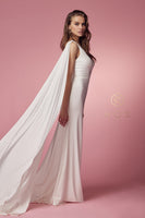 Style: E475W Nox Anabel Bridal Gown White Dress ONE SHOULDER DRAPE SLEEVE MERMAID LONG