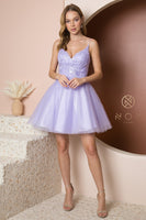 Style: E777 Homecoming Short  with V Neckline and Sequined Lace Bodice 00-14 Lilac, Navy blue