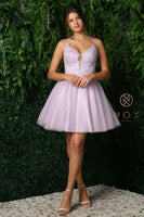 Style: E779 Short Dress with full skirt. Plunging V-Neck with Embroidered Bodice 00-16 Dusty Lilac, Emerald