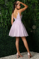 Style: E779 Short Dress with full skirt. Plunging V-Neck with Embroidered Bodice 00-16 Dusty Lilac, Emerald