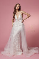 Style: F485W Long Mermaid Wedding Gown from Nox Anabel long Train with a Chiffon Overskirt