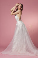 Style: F485W Long Mermaid Wedding Gown from Nox Anabel long Train with a Chiffon Overskirt