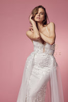 Style: F485W Long Mermaid Wedding Gown from Nox Anabel long Train with a Chiffon Overskirt