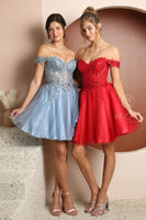 Style: F731 Lace Appliqued Bodice Off Shoulder Zippered Back 00-16 Rose Gold, Red, Smoley Blue