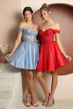 Style: F731 Lace Appliqued Bodice Off Shoulder Zippered Back 00-16 Rose Gold, Red, Smoley Blue