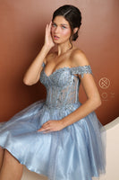 Style: F731 Lace Appliqued Bodice Off Shoulder Zippered Back 00-16 Rose Gold, Red, Smoley Blue