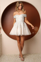 Style: H772 Off Shoulder Dress in Sizes 00-16 in White/Nude Homecoming Short