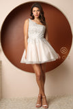 Style: H774 White/Nude Bany Doll Short One Shoulder Size 00 -16 Homecoming