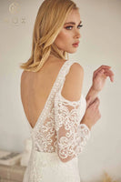 Style: JE916 SHEER FLORAL LONG SLEEVES ON A PLUNGING V NECKLINE WITH LONG TRAIN