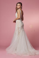 Style: JE917 Anabel Bridal Mermaid with Deep V Neckline and train Sizes 4-16 Nude with White Flowers