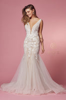 Style: JE917 Anabel Bridal Mermaid with Deep V Neckline and train Sizes 4-16 Nude with White Flowers