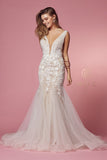 Style: JE917 Anabel Bridal Mermaid with Deep V Neckline and train Sizes 4-16 Nude with White Flowers