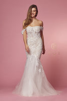 Style: JS924 Bridal Gown Boning in Bodice in Mermaid Style with Train White/Nude Flower Lace