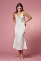 Style: R1027W Tea Length White Wedding Gown Dress with Cowl Neck and Zipper Back Size 2-16