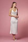 Style: R1027W Tea Length White Wedding Gown Dress with Cowl Neck and Zipper Back Size 2-16