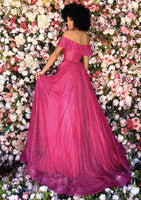 Style: 800313 Clarisse glitter print fabric off shoulder Ball Gown style Siz 2,4,6,8 Fushia