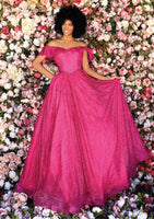 Style: 800313 Clarisse glitter print fabric off shoulder Ball Gown style Siz 2,4,6,8 Fushia