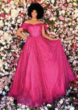 Style: 800313 Clarisse glitter print fabric off shoulder Ball Gown style Siz 2,4,6,8 Fushia