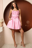 Style: T733 Candy Pink Short Dress for Homecoming. Lace appliqued with pockets 00-16