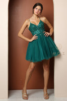 Style: T743 Appliqued Short V-Neck With Straps Homecoming Short 2-14 Emerald, Periwinkle