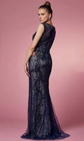 Style: E1006 Fitted Gown with Zipper Back Embroidery and Beaded Detail Dress Navy, Nude Size 2-20